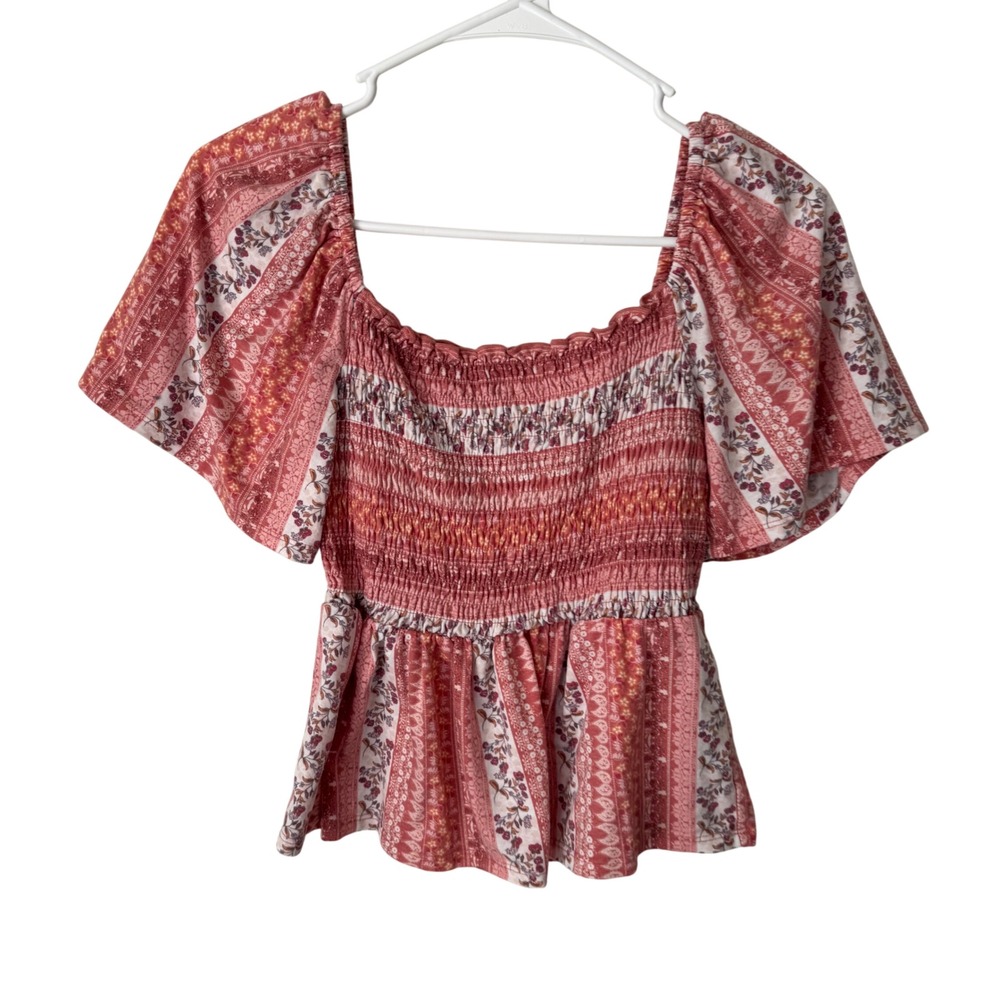 Gypsies & Moondust‎ Pink Floral Smocked Peplum Boho Top Small Flutter Sleeve